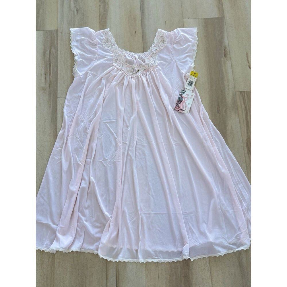 SHADOWLINE Shadow Line PINK NYLON NIGHTGOWN‎ VTG USA Lace Bow Vintage Sz M NEW